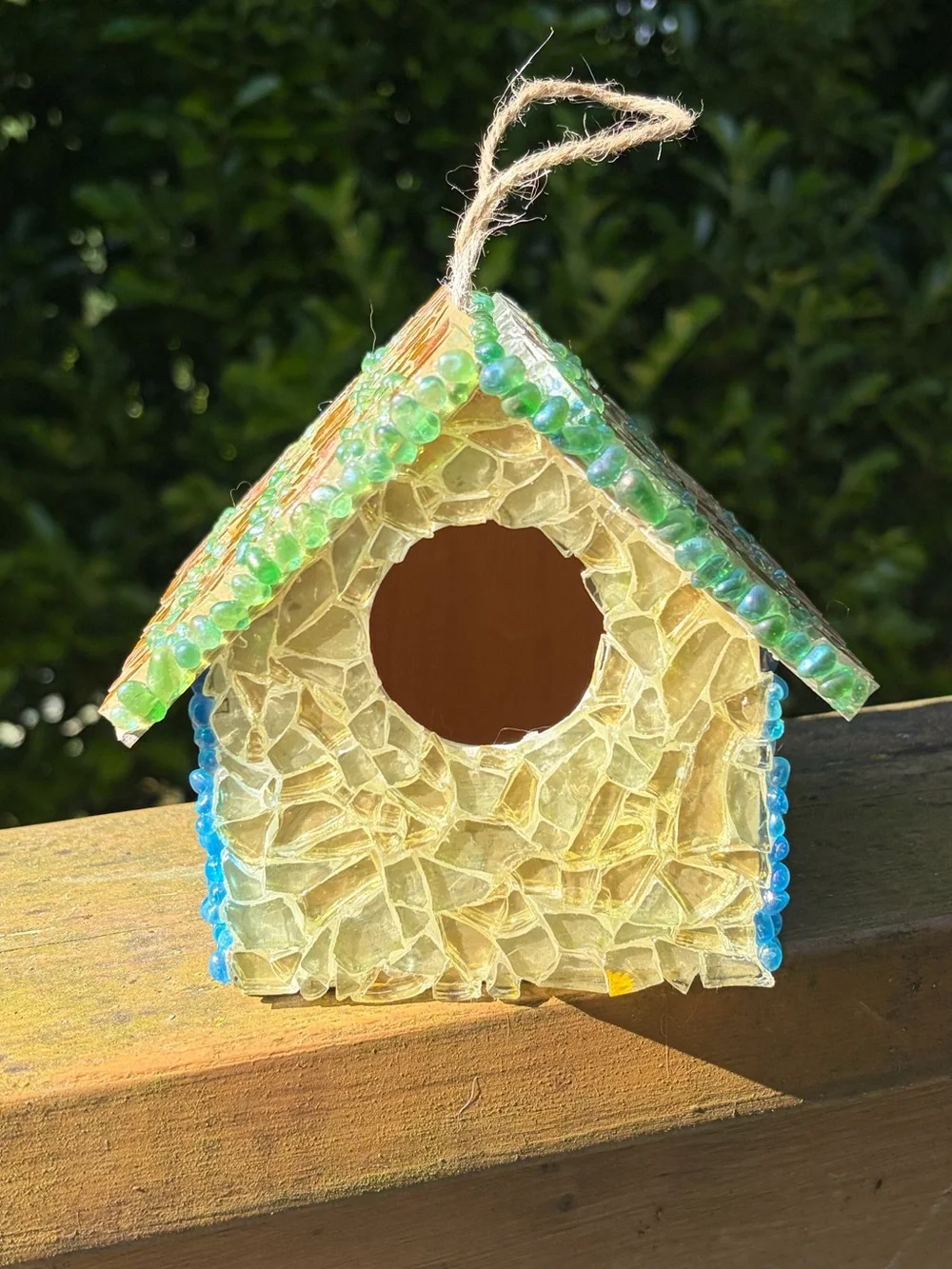 Handmade Mosaic Glass Birdhouse in Gold, Green, Pink and Blue